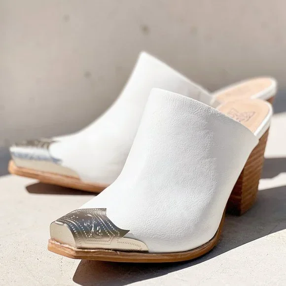 NEW White PU Leather Silver Metal Pointy Square Toe Block Heel Western Mule Shoe - Picture 11 of 13